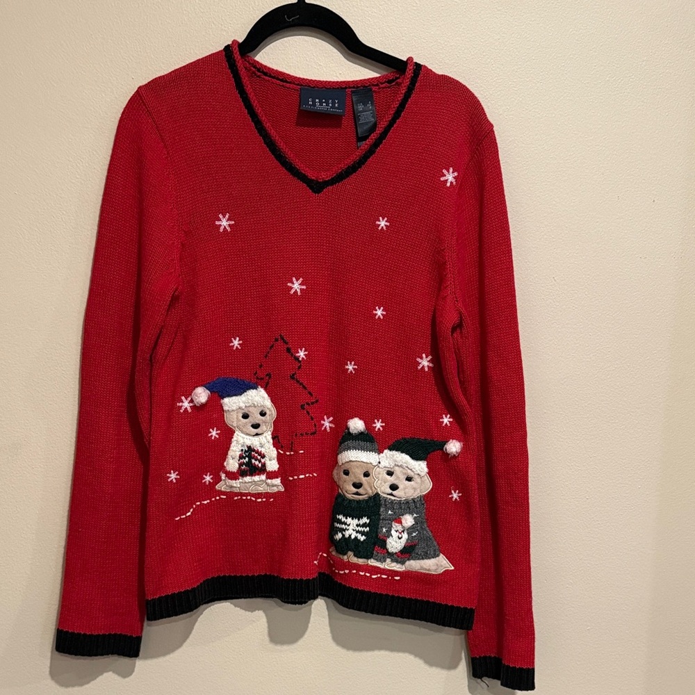 Charming Red V-Neck Christmas Puppy Sweater - not so ugly Christmas sweater
